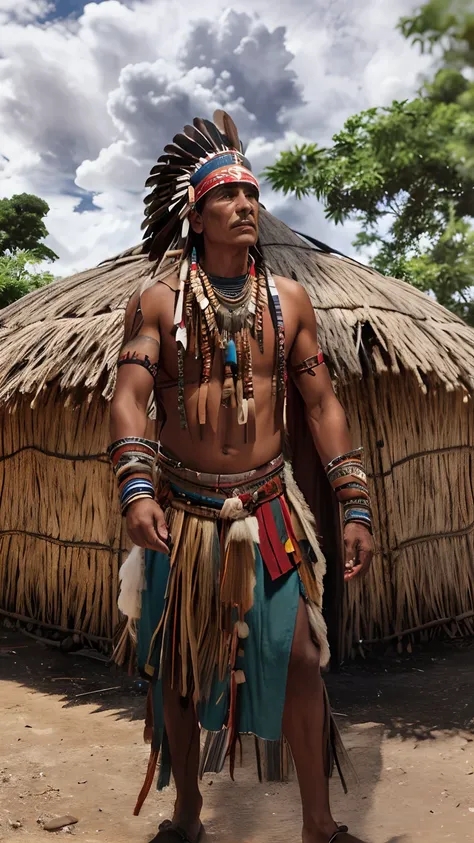 Arafed man in native costume standing in front of a hut, indigenous man, Um guerreiro nativo americano, Guerreiro nativo americano, roupas tribais, Indian warrior, Nativo americano, tribo antiga, Guerreiro habilidoso do Apache, ayahuasca shaman, Asteca Gue...