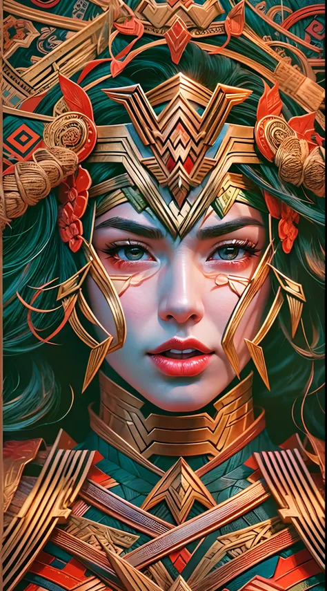 Wonder Woman, TM Samurai, intricate face details, poster style, icons, vibrant colors, vector style, digital art, 4K, intricate details, mesmerizing, professionally made, beautiful vector illustration, 12K resolution, 3D, all characters in detailed full bo...