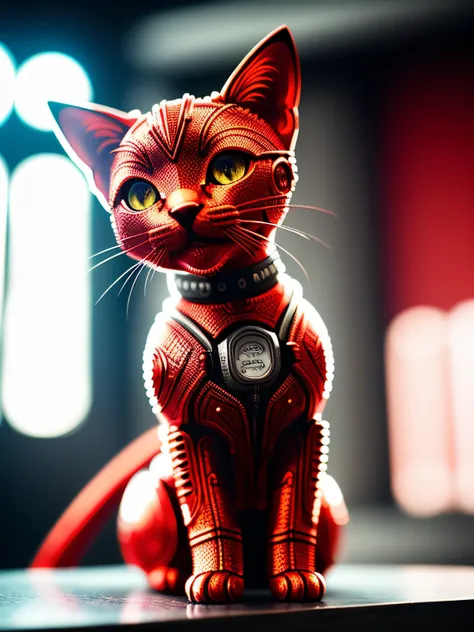 a cute red kitten made out of metal, (cyborg:1.1), ([tail | detailed wire]:1.3), (intricate details), hdr, (intricate details, hyperdetailed:1.2), cinematic shot, vignette, centered