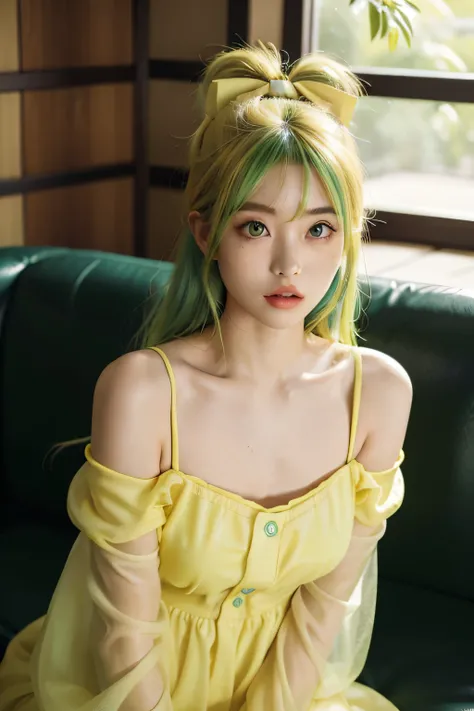 japanese 1girl, (green eyes: 0.8), (green hair: 0.8), (yellow hair: 0.7), (hair ombre:0.4), (hair bow shaped like a banana: 0.9), sitting on a cozy couch, upper body, soft light, wearing jungle green to yellow dress, detailed face