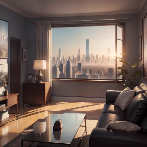 a painting of a living room with a view of a city, an ultrafine detailed painting by Dan Mumford, pixabay contest winner, american scene painting, terragen, cityscape, detailed painting