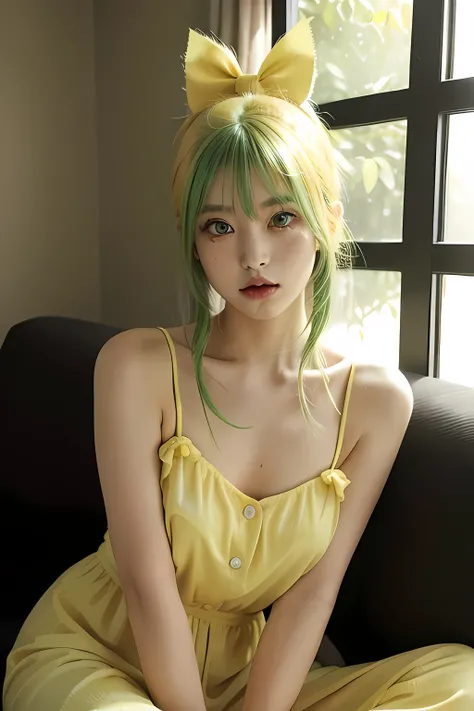 japanese 1girl, (green eyes: 0.8), (green hair: 0.8), (yellow hair: 0.7), (hair ombre:0.4), (hair bow shaped like a banana: 0.9), sitting on a cozy couch, upper body, soft light, wearing jungle green to yellow dress, detailed face