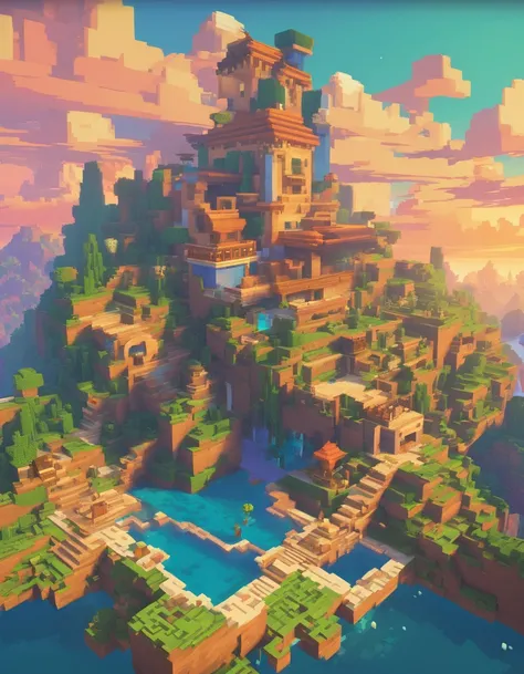 opulent, 3D, game art, dream magical, style of Makoto Shinkai, Beautiful biomes, cozily, Perfectcomposition, Minecraft style, colorful, Nice looking building, Wallpaper quality, design sense, aesthetics, Cartoon feel, Minecraft art style, 8K, Fairy tale fe...