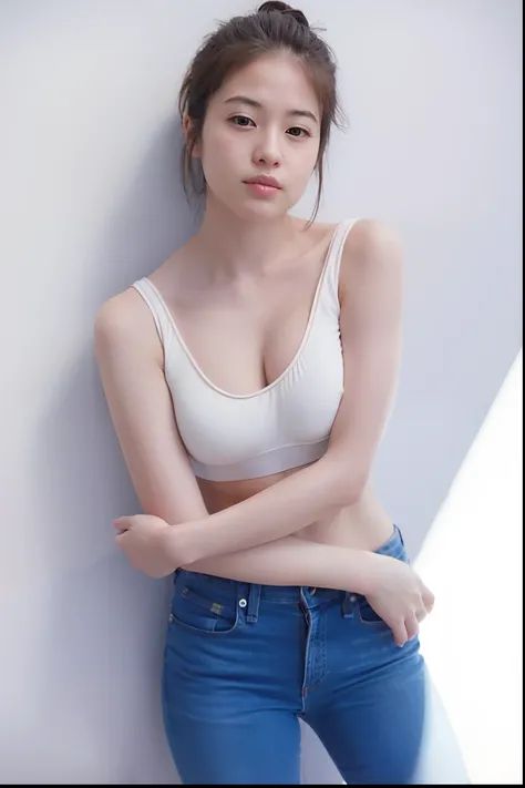 a close up of a woman in a white top and jeans, photo of slim girl model, Japanese Models, wearing bra, Young Sensual Gravure Idol, Chiho Ashima, posing in bra, kiko mizuhara, Young skinny gravure idol, beautiful Korean women, Young Pretty Gravure Idol, Ao...