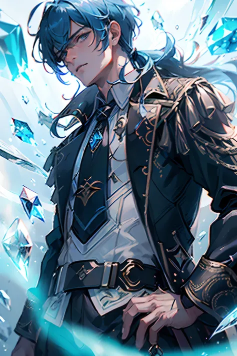 1 male solo, mature, handsome, tall muscular guy, broad shoulders, diluc (genshin impact), ((blue hair long ponytail)), brown coat, brown pants, black tie with blue crystal, dynamic pose, dramatic light, cinematic shot, ((blue crystals, ice)), abstract blu...