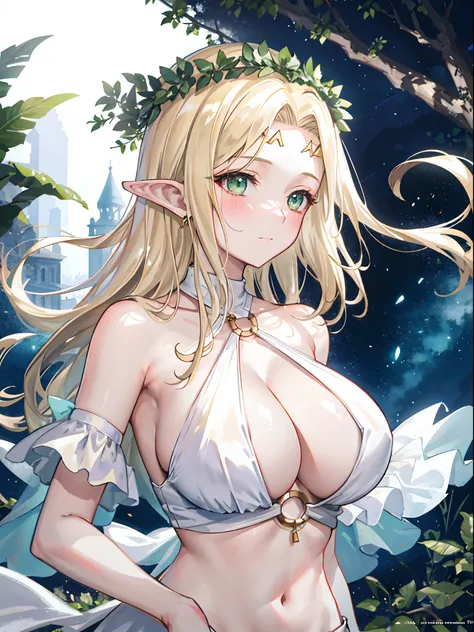 1girl, bare shoulders, blonde hair, blush, breasts, circlet, cleavage, closed mouth, dress, elf, green eyes, head wreath, huge breasts, bare belly, navel, laurel crown, long hair, looking at viewer, o-ring, o-ring top, pointy ears, Non NSFW，forest，high res...