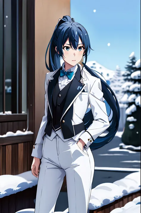 巨作, Best Quality,highres,da,ponytail ,white pants ,long  hair,1girl, Under the snow, Butler tail coat ,blue hair, eyes blue,Tail coat,striped,tight pants ,black shirt ,school, looking at the scenes,Badass Butler