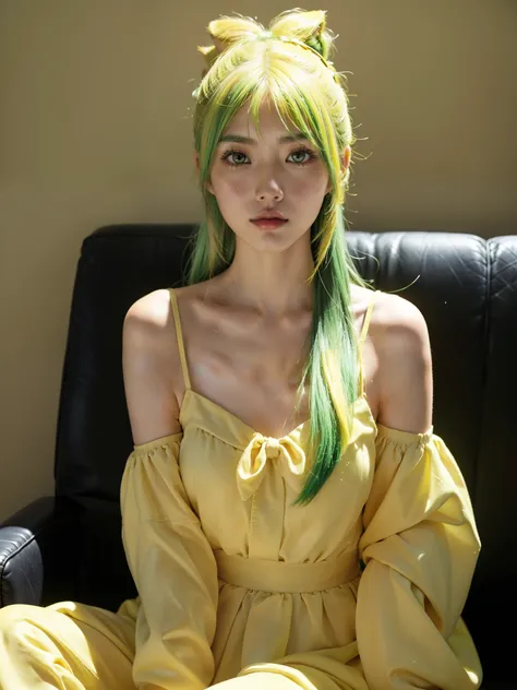 japanese 1girl, (green eyes: 0.8), (green hair: 0.8), (yellow hair: 0.7), (hair ombre:0.4), (hair bow shaped like a two bananas: 0.9), sitting on a cozy couch, upper body, soft light, wearing green-to-yellow colored dress, detailed face