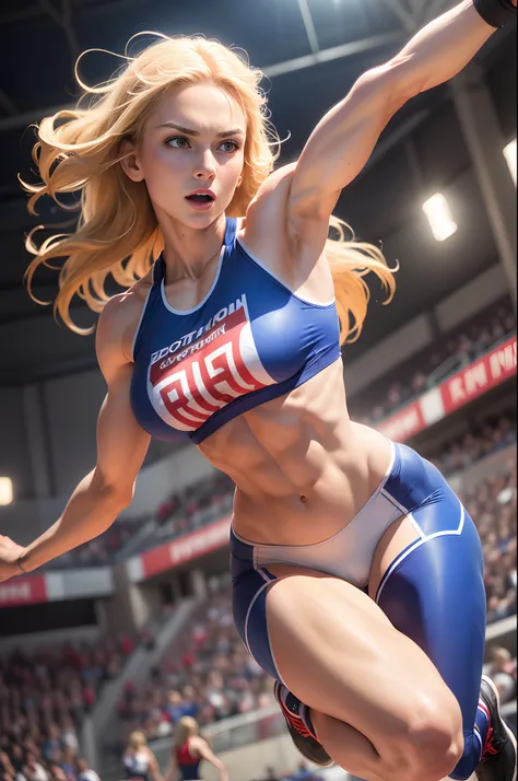 (8K,Photorealsitic　Raw photography　top-quality;1.4) 　(1 mature female)　Super beauty　(Lifelike face)　Muscular and macho female body　(a blond)　Athlete jumping backwards in high jump　enticing　Beautiful expression　Jumping power and dynamism　Red and blue unifor...