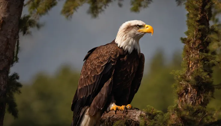 a beautiful bald eagle, meticulously detailed, perched atop a tree