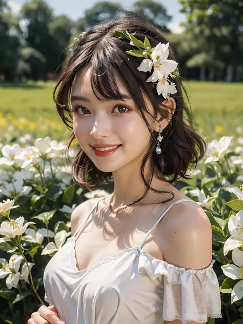 Best quality, masterpiece, ultra high res, (photorealistic:1.4), raw photo, 1girl, white dress, off shoulder, blossom flower field, glowing skin, light smile