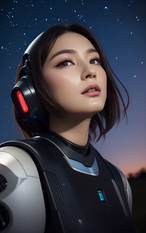 (top-quality、超A high resolution、8K、​masterpiece、realisitic、Photorealsitic)、(Humanoid Droid:1.5)、1 persons、Droid with beautiful female face、The upper part of the body、close-up、frombelow、(Looking up at the sky:1.2)、looking in camera、BREAK、(nigh sky:1.2、milky...