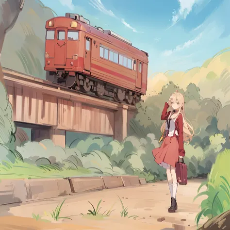 Anime scene of a woman in a red dress and a train, Road.,Anime style, made with anime painter studio, Train, anime countryside landscape, inspired by Kamisaka Sekka, Anime style, Anime landscape concept art, painted in anime painter studio, anime scener, A...