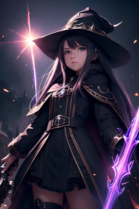 (very detailed 8k wallpaper), medium shot of a loli necromancer, particle lighting, high detail, dramatic, gatling gun in hand, clean background, with wizard hat on, background top weapon removed