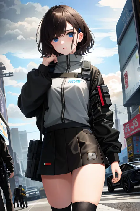 Ultra photo realsisim, Masterpiece, Very detailed, Sci-fi, dystopian, (Beautiful eyes ), (bangs), brunette, woman,  Detailed face, Detailed skin, baggy clothes, thighs high socks, Skirt,  Cyberpunk, Soft light, Subsurface scattering,((skylines)), cumulonim...