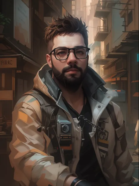 ((PivaArts SD1.5)) obra-prima, melhor qualidade, Foto RAW, 32k, uma pintura de um homem, Beard and glasses with spiked head and jacket, Estilo Craig Mullins, craig mullins dappled lighting, Craig Mullins Greg Rutkowski, inspirado em Craig Mullins, Directed...