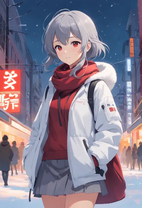 Girl with gray hair and white pupils in white down jacket，Short grey skirt with crimson cotton cap，Wrapped around a gray scarf