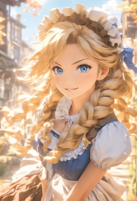 ((masterpiece)), ((best quality)), ((highres)), ((detailed background)), ((extremely detailed CG unity 8k wallpaper)), solo, shiona, blonde hair, long hair, blue eyes, hair tuft, cowboy shot, outdoors, ((maid outfit))