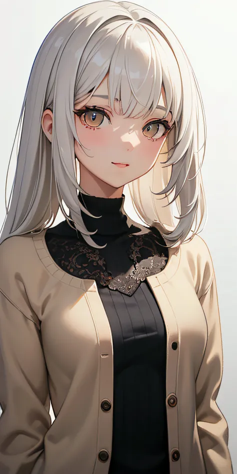 [(transparent background (((master piece))),(((best quality))),(((extremely detailed))),1 High School Girl, small breasts,(medium grayish white hair, bangs in front eyes) (brown eyes), (beige sweater cardigan) Closeup of the face, volumetric lighting, Deta...