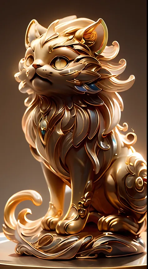 in the shape of a cat，Bling background，Dreamy colors，Transparent statue，florals，Big eyes，golden colored，Open-mouthed，laughingly，tmasterpiece，（best qualtiy：1.3）， full bodyesbian，Ling_Long