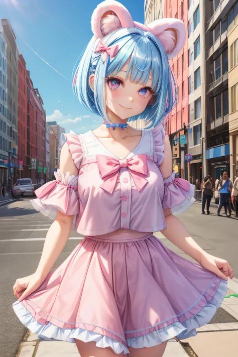 1girl in, (pale blue hair,Pink eyes),  Fluffy animal ears, Looking at Viewer,Wear a short-sleeved T-shirt, skirt by the, Bangs, Short hair, Bow, Hair Bow, Light blue bow, A smile, facefocus. big eye,  bob cuts, Bear ears, tits out, Portrait, Upper body, ci...