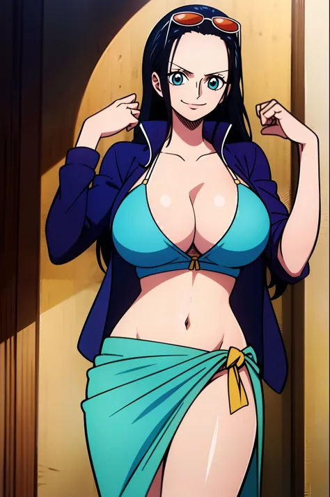 Robin de One Piece, sexy pose, What if , Elly, Red sari, 8k, anime, Shore, Big Boob, large ass, Looks sexy perfect quality eyes blue eyes nico robin, 1girl, aqua eyes, black hair, breasts, cleavage, closed mouth, collared jacket, cowboy shot, crop top, cro...