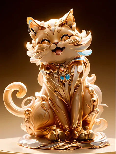 in the shape of a cat，bling background，dreamy colors，transparent statue，florals，big eyes，golden colored，open-mouthed，laughingly，...