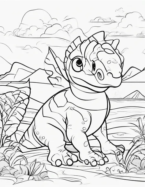 Baby dinossaur, cartoon style, lineart for coloring book, with background