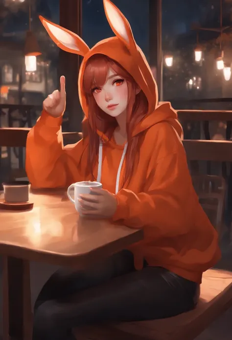 Beautiful girl with red straight hair and red eyes, Long rabbit ears, Thumbs up, Sitting in a coffee shop, during night, She wears an orange hoodie, Nostalgic and melancholic atmosphere, Mug on the table, Detailed Digital Anime Art, loish and wlop, Cute An...