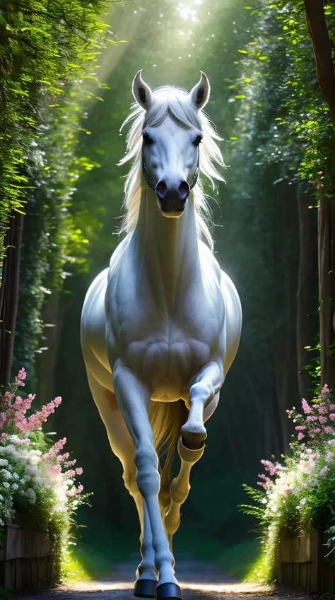 extremely detailed wallpaper, white unicorn run in green forest alley, dynamic pose, spring, morning, beams of light, flowers, (intricate details:1.12), hdr, (intricate details, hyperdetailed:1.15), (cinematic look:1.4), soothing tones, insane details, int...