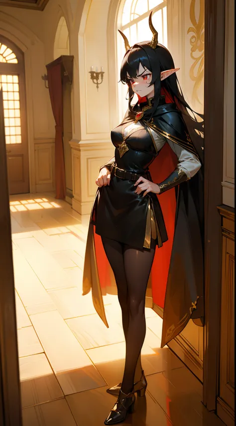 1old lady,solo,angry face,golden and black short dress,medium tits,black hair,long hair,red eyes,elves ears,golden horns,pantyhose,cape,(((standing in front of a room inside a castle)))