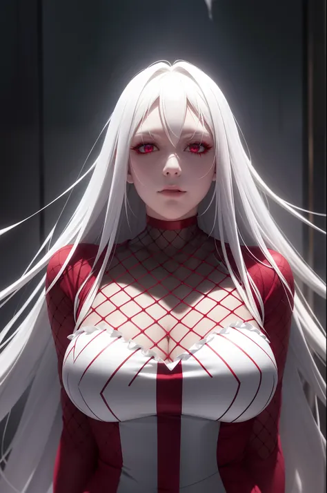 Vampire woman, vampire fangs, (blood on her chin), (white hair), (thick dress), (master piece), (on her knees), (bareback), (long hair), perfect body, (fishnets:1.3), (ultra realistic eyes), (detailed face), DSLR photography, sharp focus, Unreal Engine 5, ...