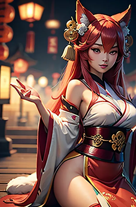 League of Legends Ahri dressed as a traditional Japanese kitsune at a cultural festival.