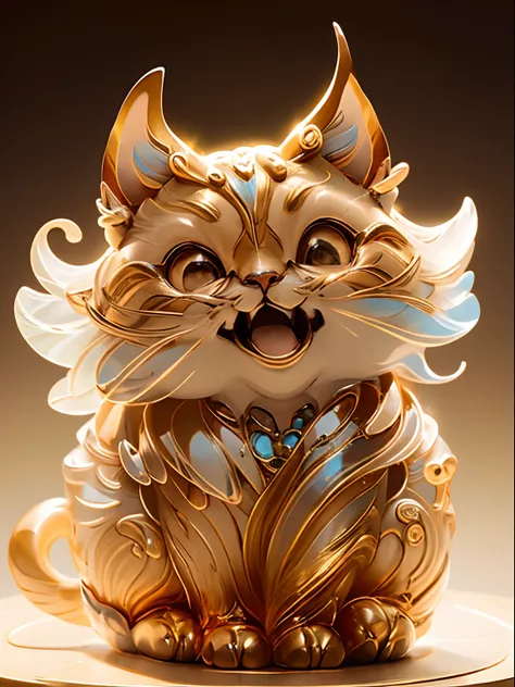 Glass statue of a cat，Bling background，Dreamy colors，Transparent statue，florals，Big eyes，golden colored，Open-mouthed，laughing，tmasterpiece，（best qualtiy：1.3）， full bodyesbian，Ling_Long