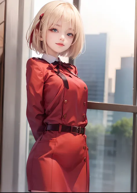 1 girl, ((17 years old)), chisatonishikigi, nishikigi chisato, short hair, bangs, blonde hair, white hair, Very straight hair, (red eyes:1.5), hair ribbon, one side up, bob cut, BREAK shirt, long sleeves, dress, ribbon, white shirt, collared shirt, belt, n...