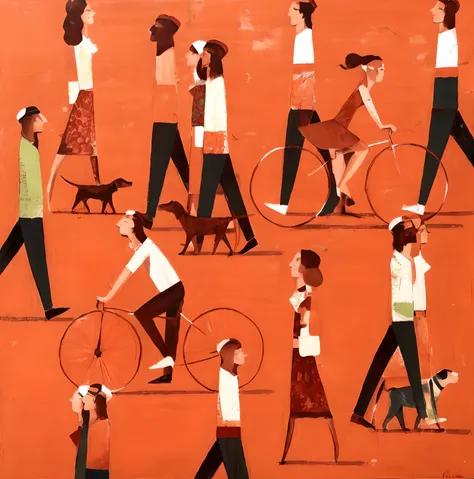 painting of a group of people walking with bicycles and dogs, Directed by: Kamisaka Sekka, pessoas nas ruas, pessoas e criaturas caminhando, pessoas caminhando, Maxim Sukharev, Neto de Benjamin, Directed by: Amy Schumer, pessoas nas ruas, Directed by: Alis...