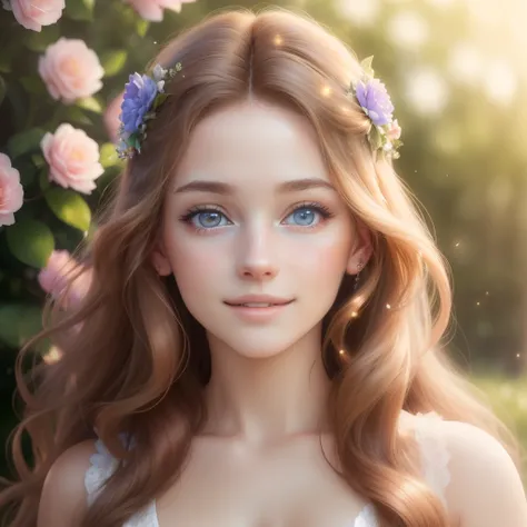 (best quality,4k,8k,highres,masterpiece:1.2), ultra-detailed, (realistic,photorealistic,photo-realistic:1.37), portraits, vivid colors, studio lighting, HDR, long flowing brown hair, sparkling blue eyes, rosy cheeks, radiant smile, elegant posture, gracefu...