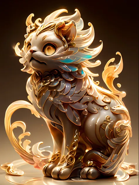 glass statue of a cat，bling background，dreamy colors，transparent statue，florals，big eyes，golden colored，open-mouthed，laughingly,...