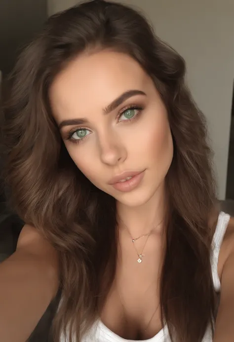 arafed woman with a white tank top and a necklace, sexy girl with green eyes, portrait sophie mudd, brown hair and large eyes, selfie of a young woman, bedroom eyes, violet myers, without makeup, natural makeup, looking directly at the camera, face with ar...