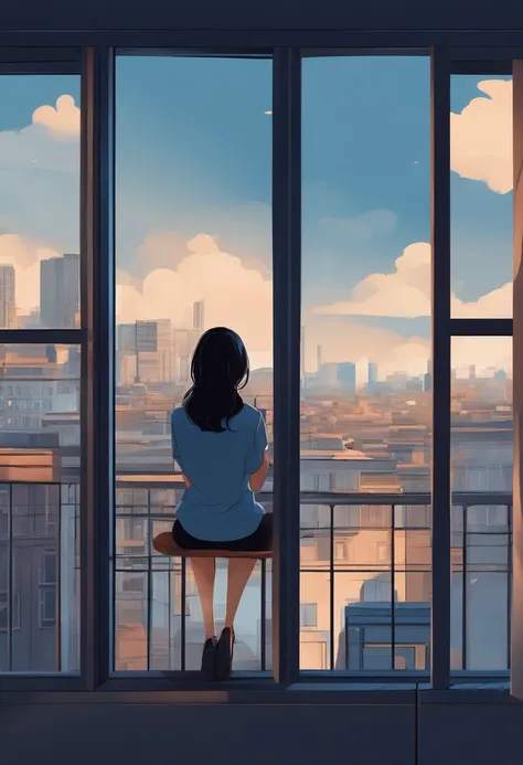 a girl, alone, sit close of window in floor, no furniture, on city, looking to starts in sky, drinking coffee, cold color palette, black hair, small dark blue shorts, normal dark blue blouse, anime, (close-up:1.1), (Bauhaus, shapes, lines, abstract:1.1)