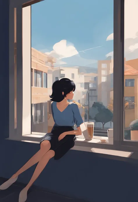 a girl, alone, sit close of window in floor, no furniture, on city but no buildings appear, looking to starts in sky, drinking coffee, cold color palette, black hair, small dark blue shorts, normal dark blue blouse, anime, (close-up:1.1), (Bauhaus, shapes,...