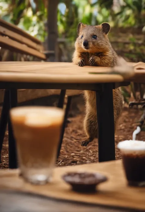 best quality,no humans, quokka,aidaishu,drinking,frappuccino, cafe,