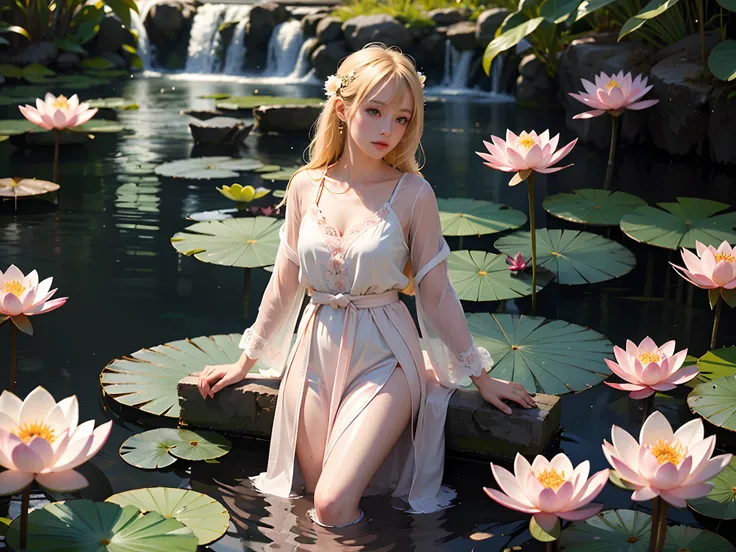 Impressionism, Blonde girl in white shirt and black pants stands in water with pink water lilies, Water Lily Mechanin Fair, Real life girls, standing gracefully upon a lotus, in pond, Girl Cosplay, Floating hair, (Lotus flower motif dress, elegant), (pale ...