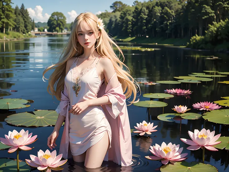 Impressionism, Blonde girl in white shirt and black pants stands in water with pink water lilies, Water Lily Mechanin Fair, Real life girls, standing gracefully upon a lotus, in pond, Girl Cosplay, Floating hair, (Lotus flower motif dress, elegant), (pale ...