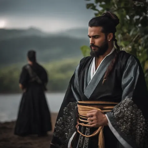 cabelos preto e longos，Pessoas do sexo masculino，Hanfu，segurando uma espada longa，Neblina de nuvens，Postura de espada para fora，olhos ferozes