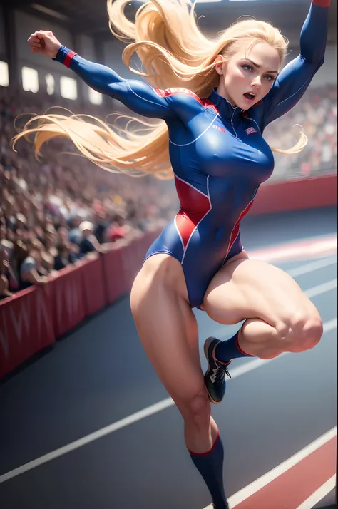 (8K,Photorealsitic　Raw photography　top-quality;1.4) 　(1 mature female)　Super beauty　(Lifelike face)　Muscular and macho female body　(a blond)　Athlete jumping backwards in high jump　enticing　Beautiful expression　Jumping power and dynamism　Red and blue unifor...