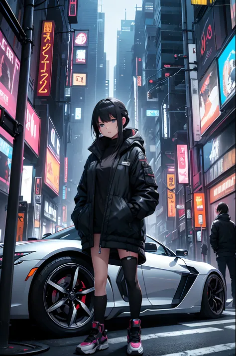 Futuristic cyberpunk car、Girl leaning against car、parka、ruins、early evening