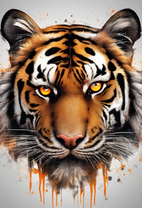 Black and gray realistic tattoo art of tiger with (((orange eyes))) with ink splatter sketch effect ,he is with open mouth looking very fierce and angry