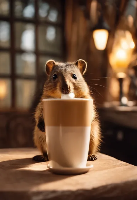 (absurd resolution:1.3), (best quality:1.3), ,no humans, quokka,aidaishu,drinking,frappuccino, cafe,