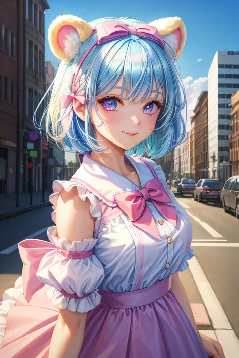 ​master piece, Best Quality, High resolution, Ultra-detailed, 1girl in, (pale blue hair,Pink eyes),  Fluffy animal ears, Looking at Viewer,Wear a short-sleeved T-shirt, skirt by the, Bangs, Short hair, Bow, Hair Bow, Light blue bow, A smile, ((Eye focus,Ch...